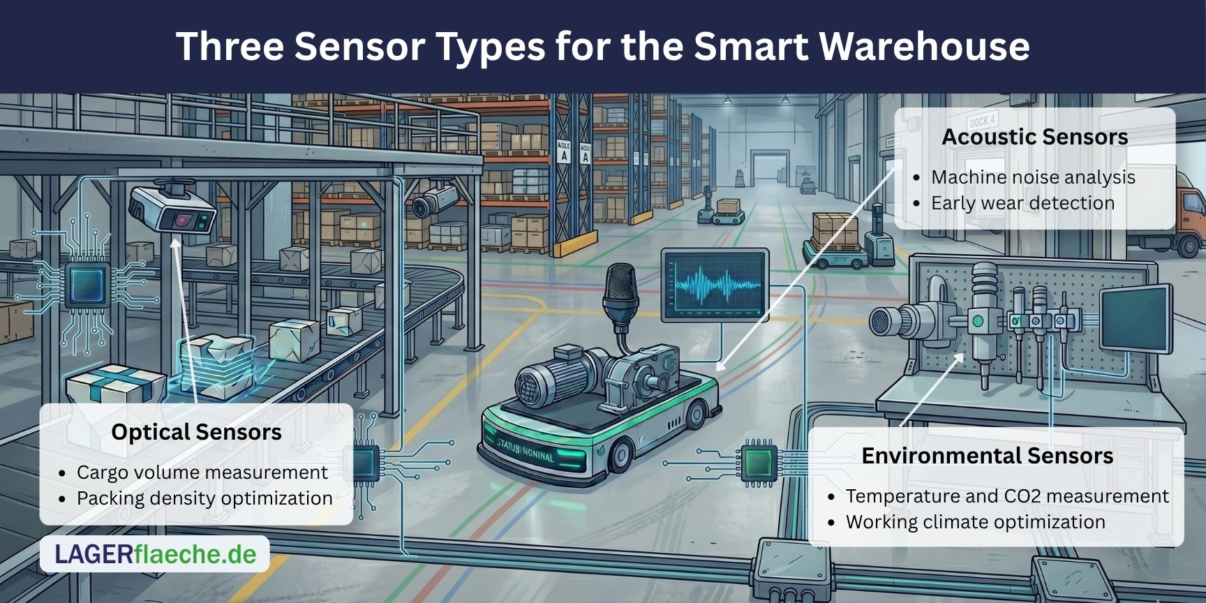 An infographic showing three types of IoT sensors in a modern smart warehouse background: optical sensors on a conveyor belt scanning cargo, acoustic sensors on an automated guided vehicle (AGV) analyzing machine sound, and environmental sensors mounted near loading docks.